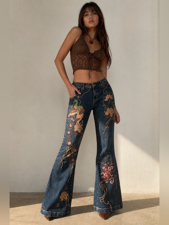 Willi Smith Denim - Willi Smith Embellished Flare Jeans Y2K Boho Peacock Beaded Denim 8 Festival